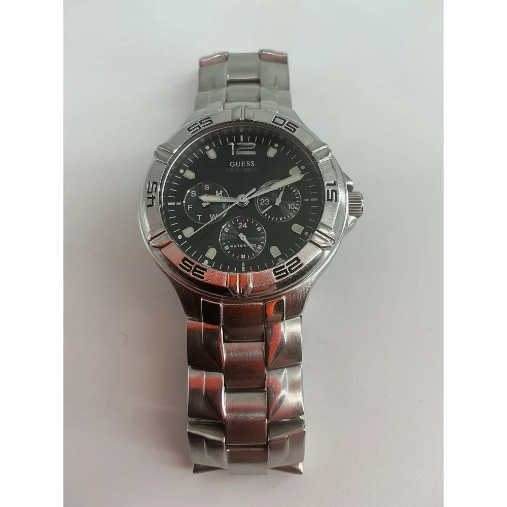 Guess Waterpro Mens Watch Black Dial Silver Stainless Steel 100M Water Resistant